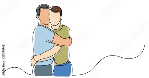 continuous line drawing of gay couple hugging each other
