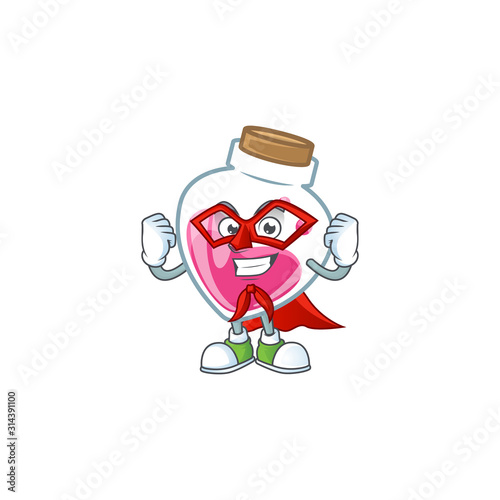 Smiley mascot of pink potion dressed as a Super hero