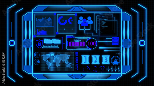 Fototapeta Naklejka Na Ścianę i Meble -  Screen With Blue Data Analysis Details including Loading bar, world map, cyber security, graph, chart, hacker typing and digital elements Background