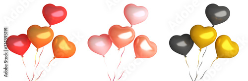 Happy Valentines Day, set various collection of red gold black pink heart shape balloon isolated on white background, layout,  3D rendering illustration.