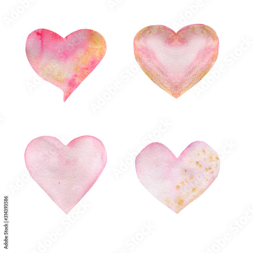 Watercolor illustration of pink hearts. Hand-drawn with watercolors and suitable for all types of design and printing