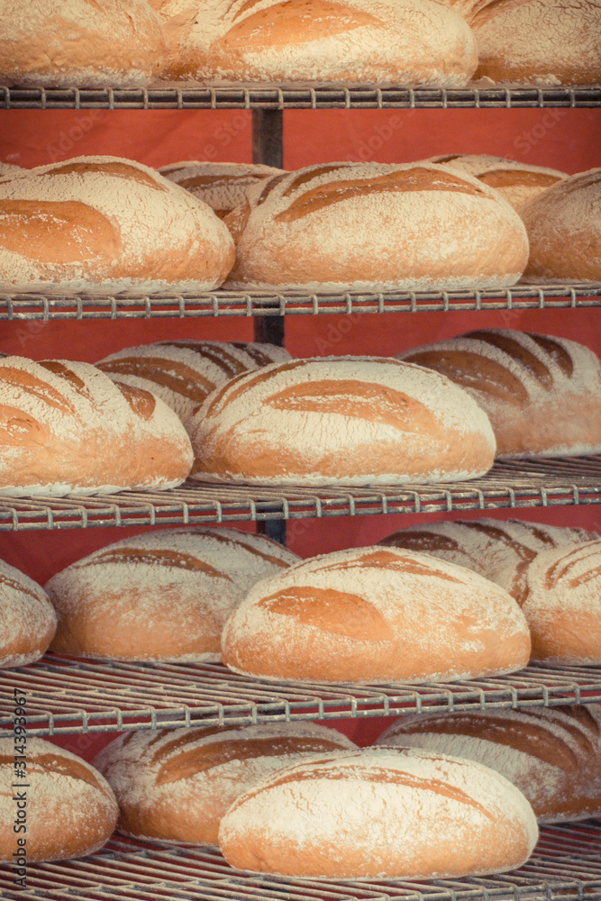 Fresh wholegrain loaves of rye or wheat bread on shelves in bakery. Vintage photo