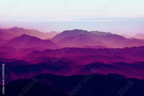 Purple dream background of distant mountains. Mountain background
