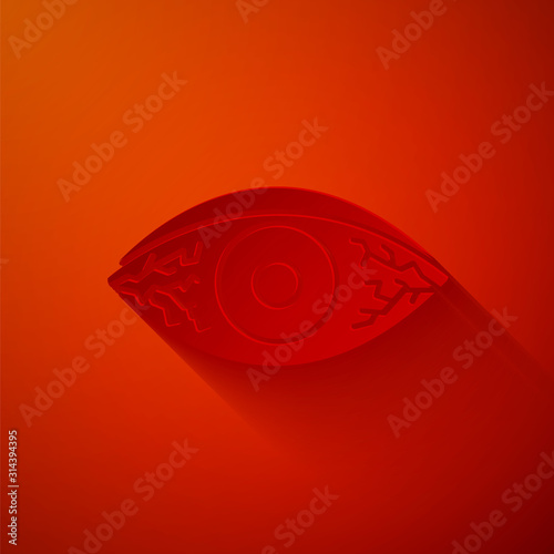 Paper cut Reddish eye due to viral, bacterial or allergic conjunctivitis icon isolated on red background. Paper art style. Vector Illustration