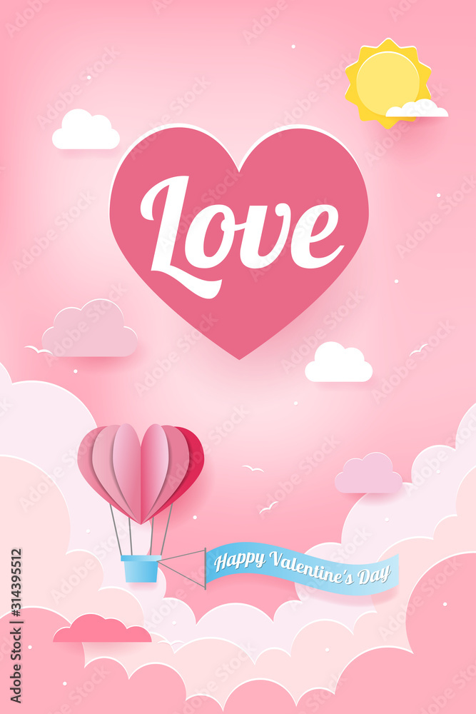 Illustration Love Valentine Day Heart Balloon. Happy Valentine's Day banner in paper art style. Holiday background with paper hearts and clouds. Valentines card with balloon in paper cut style.