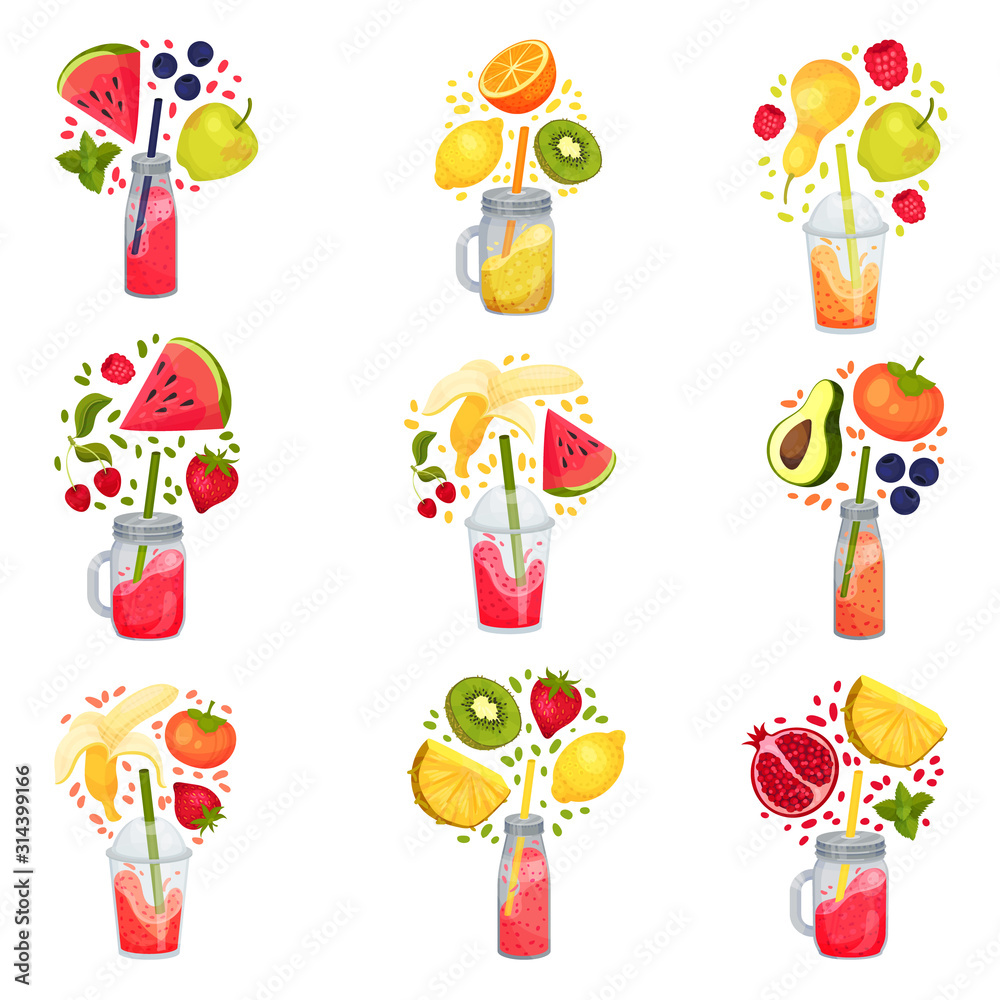 Fototapeta premium Fresh Smoothies in Jars with Straw Sticked out From it and Floating Around Ingredients Vector Set