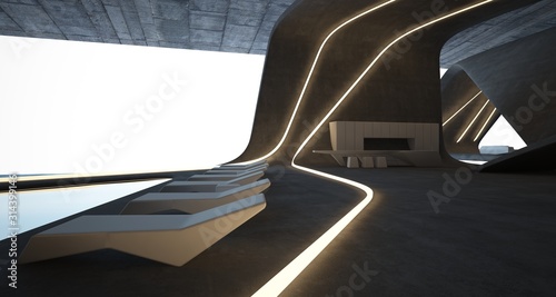Abstract architectural concrete smooth interior of a minimalist house with swimming pool and neon lighting. 3D illustration and rendering.