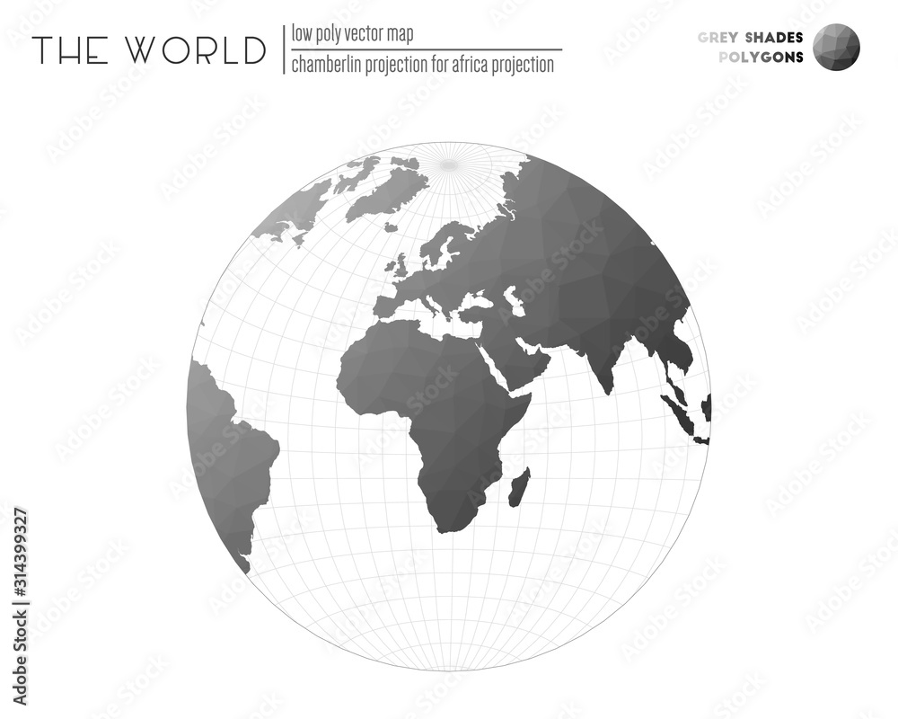 Polygonal world map. Chamberlin projection for Africa projection of the world. Grey shades colored polygons. Contemporary vector illustration. Polygonal world map. Chamberlin projection for Africa projection of the world. Grey shades colored polygons. Contemporary vector illustration.