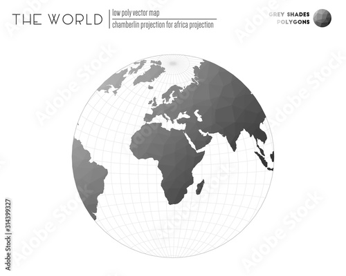 Polygonal world map. Chamberlin projection for Africa projection of the world. Grey Shades colored polygons. Contemporary vector illustration. photo
