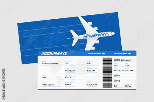 Realistic airline ticket boarding pass design template with passenger name and barcode. Air travel by airplane blue color document vector illustration