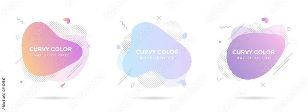 3 Modern liquid abstract element graphic gradient flat style design fluid pastel colors vector illustration set banner simple shape template for presentation, flyer, isolated on white background. - obrazy, fototapety, plakaty 