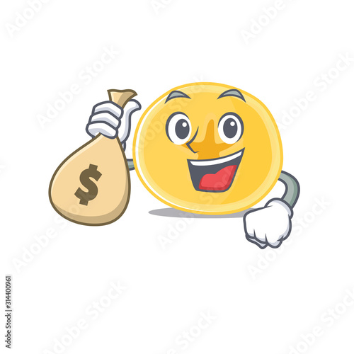 Happy rich banana chips cartoon character with money bag