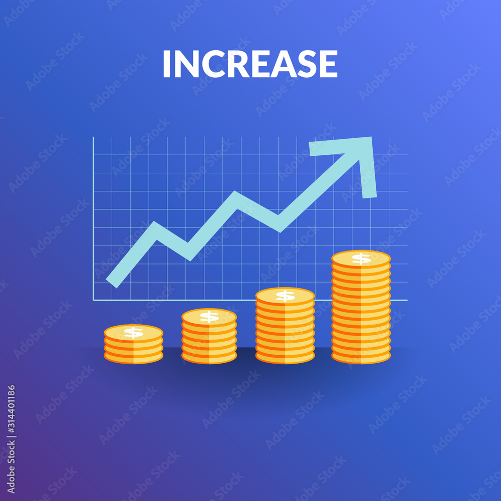 Simple infographic template, with elements : graph, arrow and coins on gradient blue background, finance, economic and investment concept.
