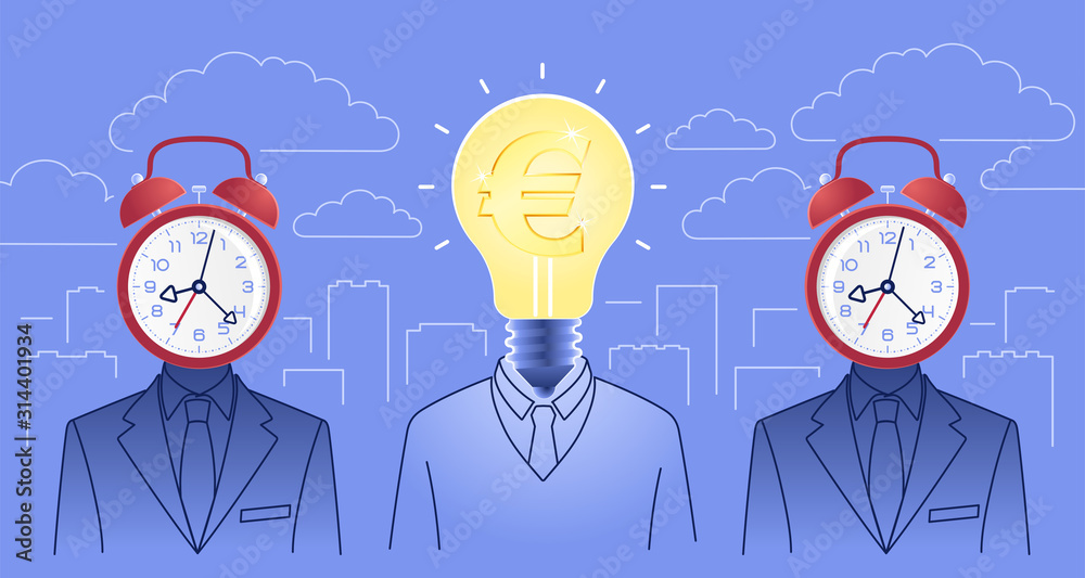 Creativeness In Business. Bizarre idea-manager in between of two figures of bizarre time-managers on background of cityscape. Vector illustration on the subject of 'Success Business'. Creativeness In Business. Bizarre idea-manager in between of two figures of bizarre time-managers on background of cityscape. Vector illustration on the subject of 'Success Business'.