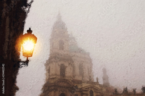 oil painting style illustration of Prague with old street lantern
