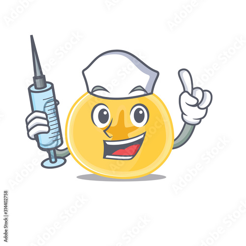 Smiley Nurse banana chips cartoon character with a syringe