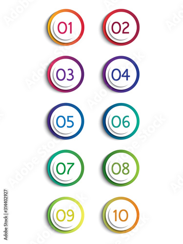 Bulleted dots with numbers from 1 to 10 in colorful text circles with a rainbow gradient. Vector web elements isolated on a white background.