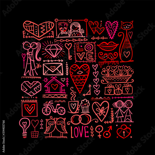 Valentine's day card design. Love icons collection. Wedding set.
