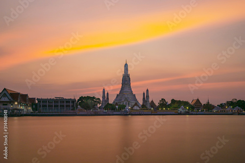 The most beautiful Viewpoint  Wat Arun Ratchawaram Ratchaworamawihan at sunset twilight sky  Bangkok Thailand