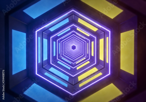 hexagonal glowing neon lights tunnel, futuristic abstract Sci Fi background. vibrant design. 3d rendering