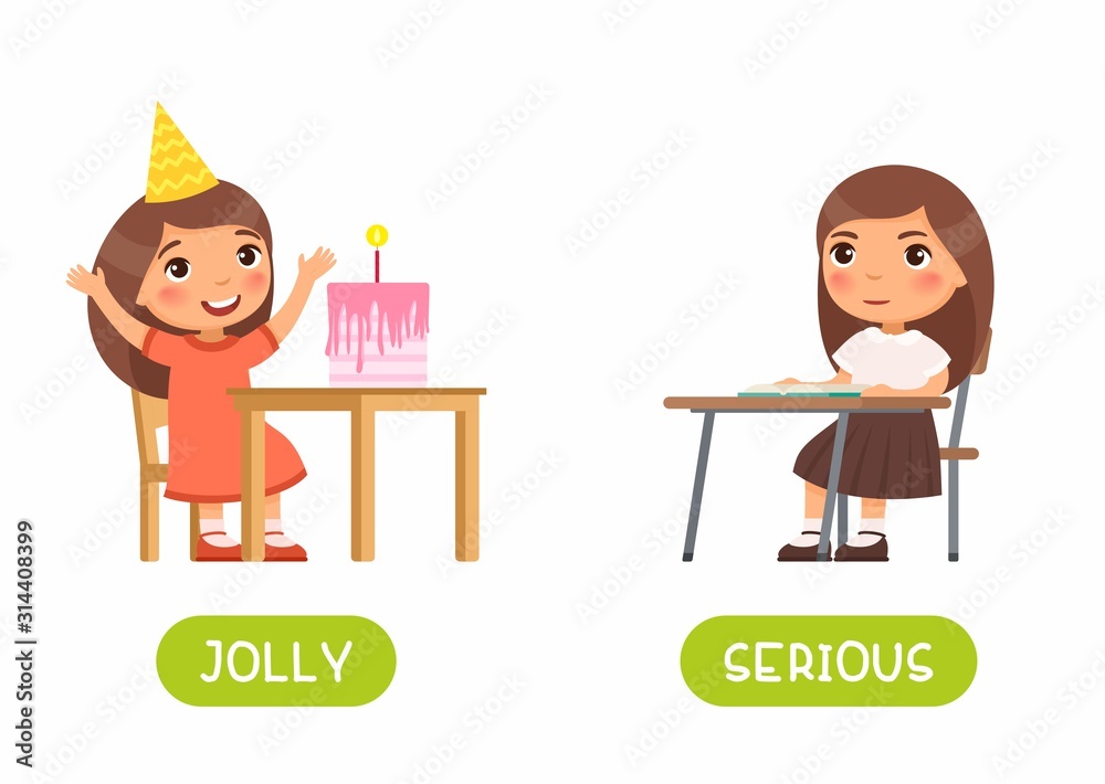 Jolly and serious antonyms word card vector template. Flashcard for