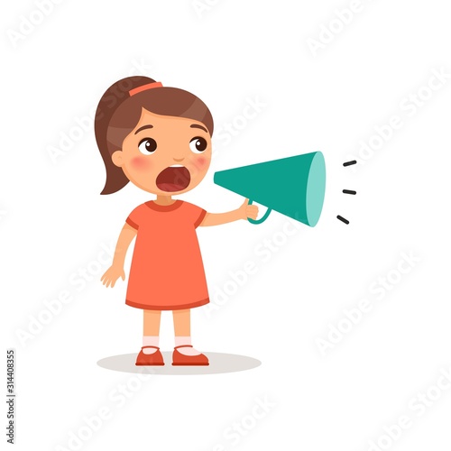 Adorable little girl shouting in megaphone flat vector illustration. Annoying toddler making noise with loudspeaker. Cute child shouting in bullhorn cartoon character isolated on white background