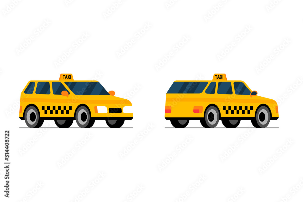 Taxi car front and back side perpective view. Yellow cab city service transport set flat vector cartoon illustration