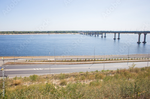 View of the bridge across the Volga River. The bridge connects two banks of the river. Dancing bridge