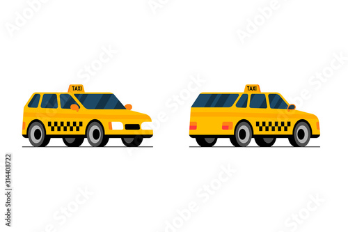 Taxi car front and back side perpective view. Yellow cab city service transport set flat vector cartoon illustration