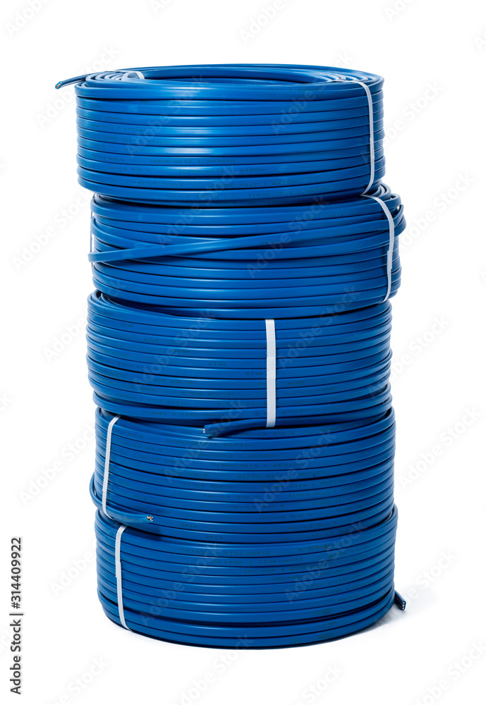 coils of blue cable isolated on white background