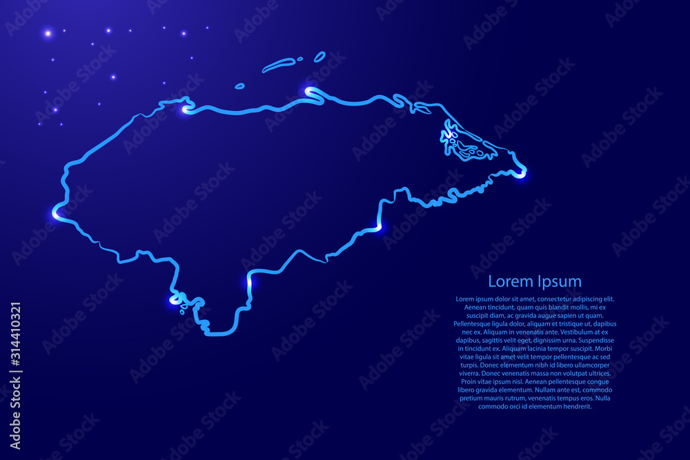 Fototapeta premium Honduras map from the contour classic blue color brush lines different thickness and glowing stars on dark background. Vector illustration.