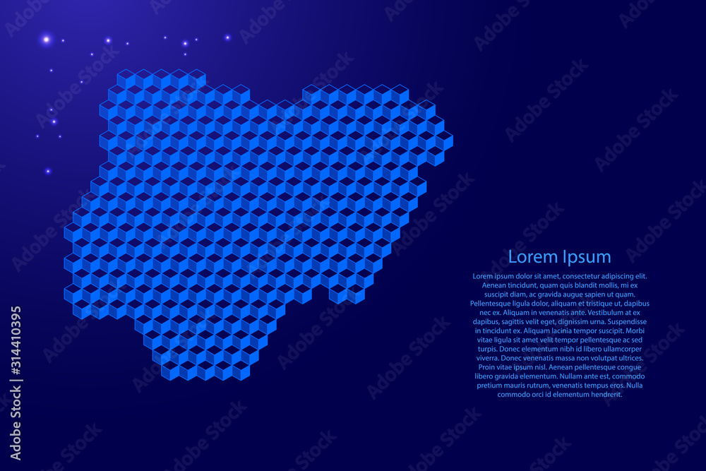 Nigeria map from 3D classic blue color cubes isometric abstract concept, square pattern, angular geometric shape, glowing stars. Vector illustration.