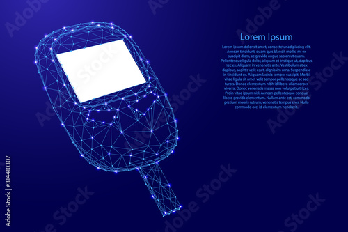 Glucometer device for measuring blood glucose, from futuristic polygonal blue lines and glowing stars for banner, poster, greeting card. Vector illustration.