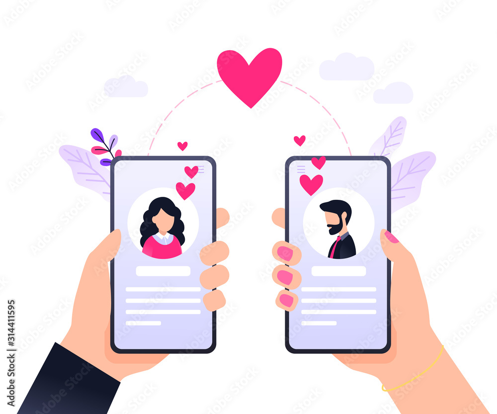 Online dating. Virtual relationships. Dating applications concept. Flat vector illustration with male and female chatting. Find love. Landing page template. Modern flat design concept for web design