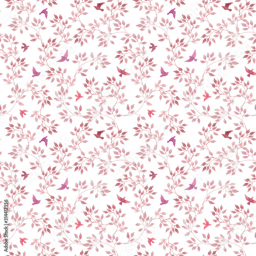 Seamless repeated pattern - hand painted pink leaves and birds. Watercolor girly or feminine design