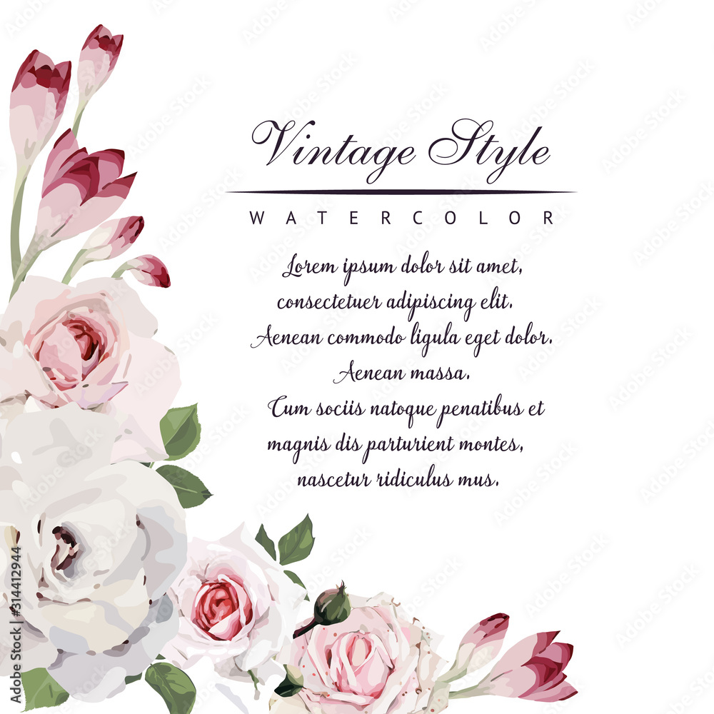 Fototapeta Greeting card with roses, watercolor, can be used as invitation card for wedding, birthday and other holiday and summer background. Vector illustration.