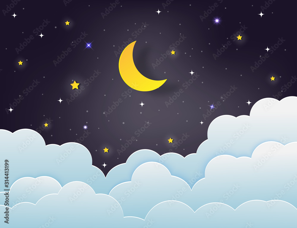 night sky with stars and moon. paper art style.Vector of a crescent