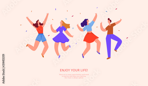 Young people jumping. Stylish modern vector illustration card with happy male and female teenagers and hand drawing quote Enjoy your life