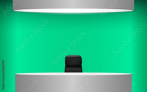 table and chair in news studio room with the green background