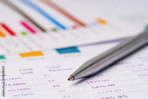 Pen on charts graphs spreadsheet paper. Financial development, Banking Account, Statistics, Investment Analytic research data economy, Stock exchange trading, Business office company meeting concept..
