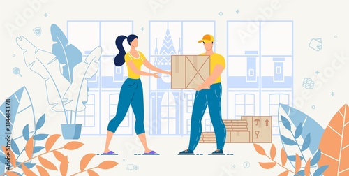 Cargo Transportation Home Express Delivery and Logistic Fast and Reliable Service Advert. Woman Customer Receiving Ordered Goods in Cardboard Packages from Deliveryman. House Moving. Freight Shipment