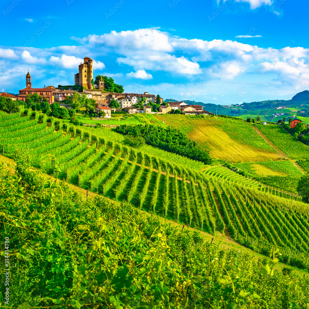 Langhe vineyards sunset panorama, Serralunga Alba, Piedmont, Italy Europe.