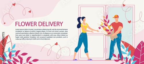 Flower Bouquet Delivery Service Advertisement. Woman Receiving Blooming Plants in Wrapping from Man Courier Worker. Congratulation with International Women Day, Birthday, Anniversary. Ecommerce