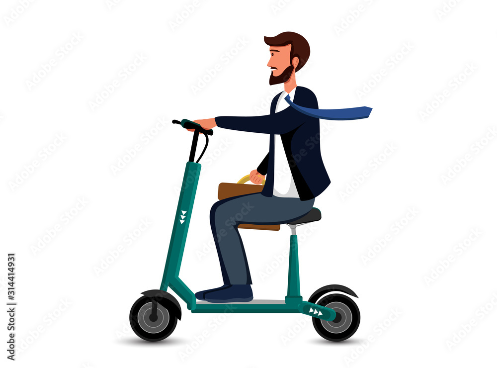 Businessman sitting electric scooter illustration. Corporate employee to self-balancing urban transport is a cartoon character. Man in formal isolated costume There is also a vector copy in the portfo