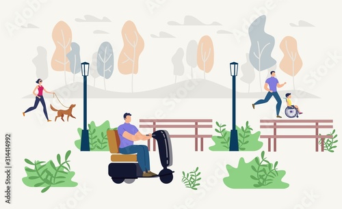 Disabled People Outdoor Recreation and Leisure Trendy Flat Vector Concept. Disabled Man on Electric Scooter, Boy on Wheelchair, Blind Woman with Guide Dog Spending Time, Walking in Park Illustration