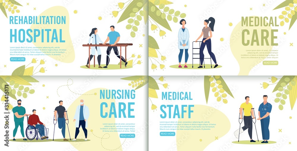 Obraz premium Hospital Rehabilitation, Nursing Care, Medical Staff Trendy Flat Vector Horizontal Web Banners, Landing Pages Templates Set. Female, Male Doctors Helping Disabled or Injured Patients Illustration
