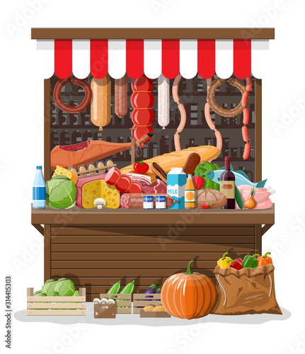 Market store interior with goods. Big shopping mall. Interior store inside. Checkout counter, grocery, drinks, food, fruits, dairy vegetables products. Vector illustration in flat style