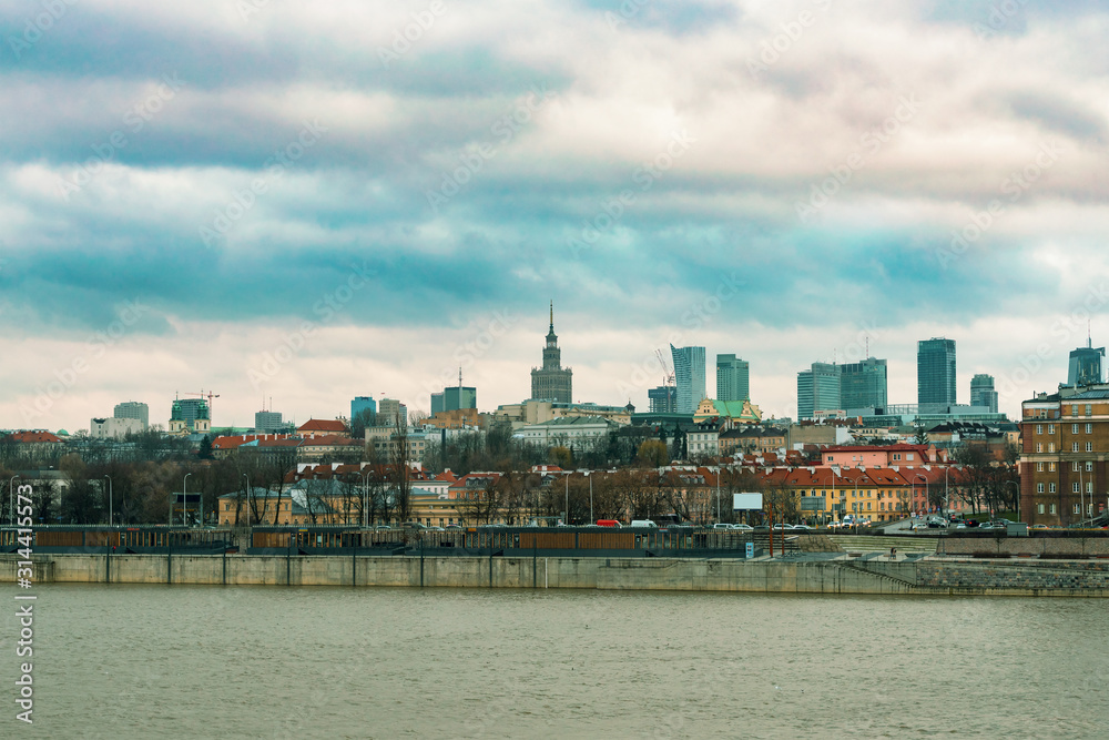 View from the Slasko-Dabrowski Bridge to the city center with skyscrapers, Warsaw, Poland.