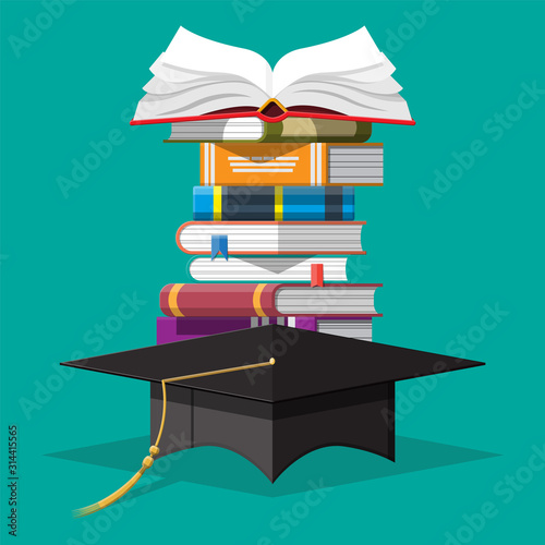 Graduation cap on stack of books. Academic and school knowledge, education and graduation. Reading, e-book, literature, encyclopedia. Vector illustration in flat style