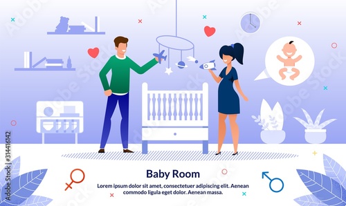 Baby Room Preparing and Decoration During Pregnancy Trendy Flat Vector Banner, Poster Template. Pregnant Woman, Wife with Husband Decorating Room for Child, Parents Waiting Childbirth Illustration